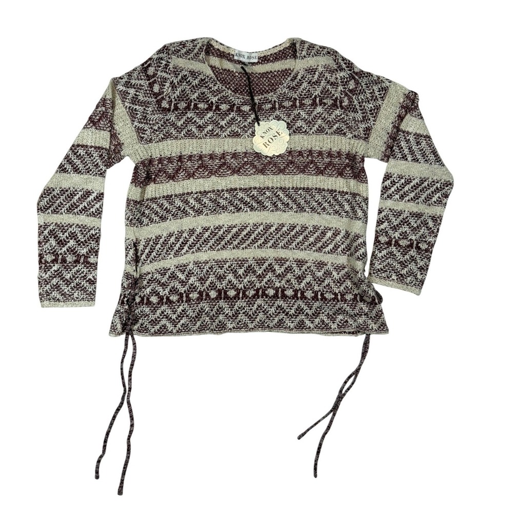 NWT Knox‎ Rose Sweater Women L Maroon Boho Cottagecore Fair Isle Side Tie Folk